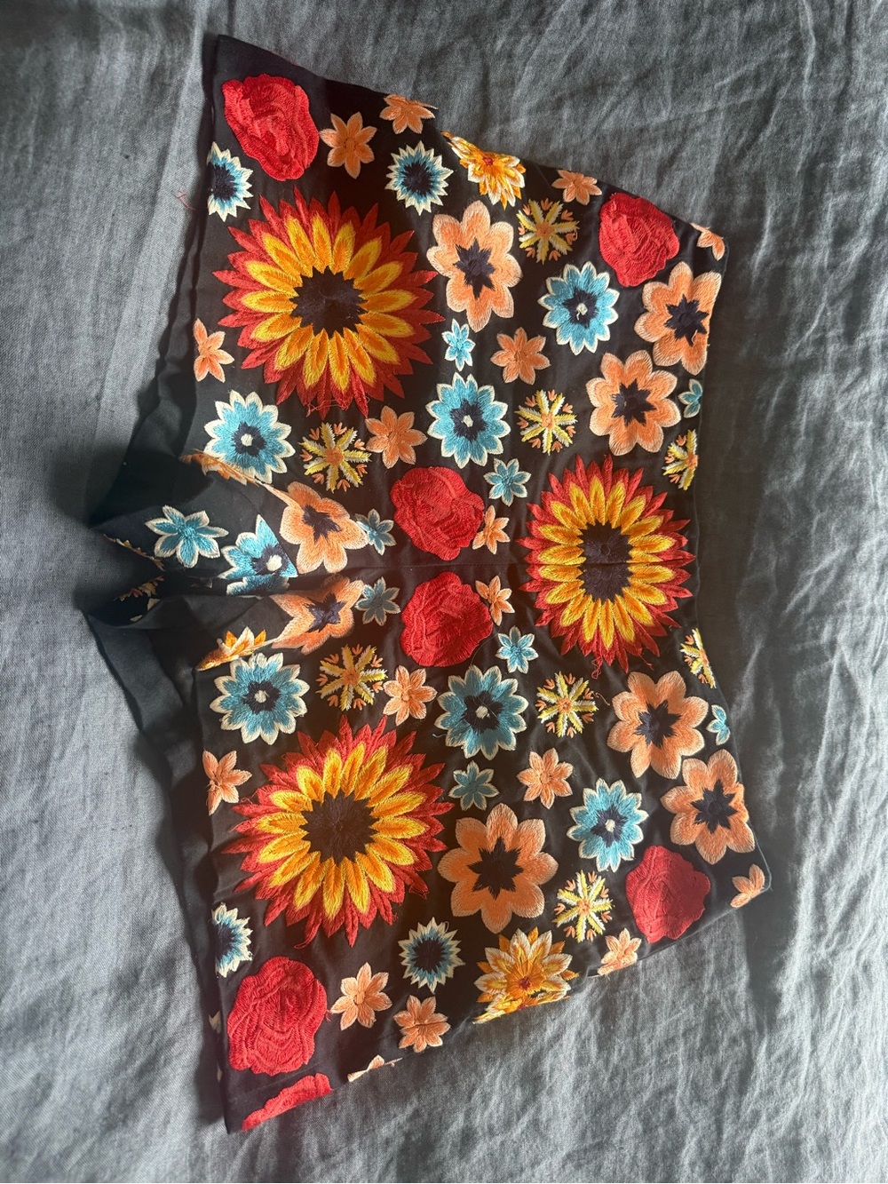 Alice + Olivia Black Top with Orange and Cream Floral Embroidery